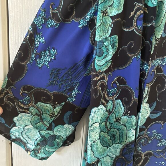 Chicos Open Wrap Top Asian Inspired Art to Wear SZ 1 Boho Blue Colorful Glam 90s - Picture 5 of 13